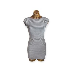 Black Bead bodycon fitted dress black white striped Small short sleeve stretch